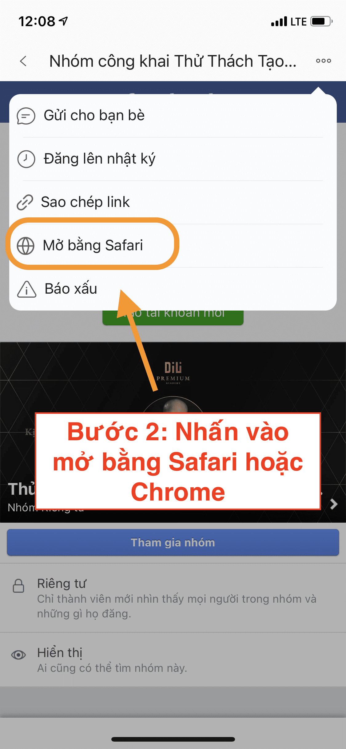 Nhấn mở bằng Safari hoặc Chrome